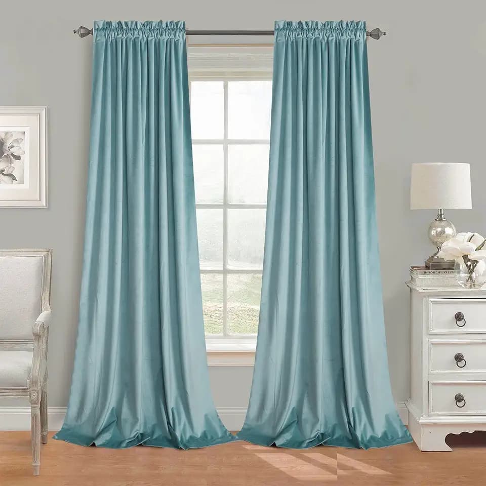 Roslynwood Eggshell Blue Velvet Curtains W52 x L108 inches Long, 2 Panels