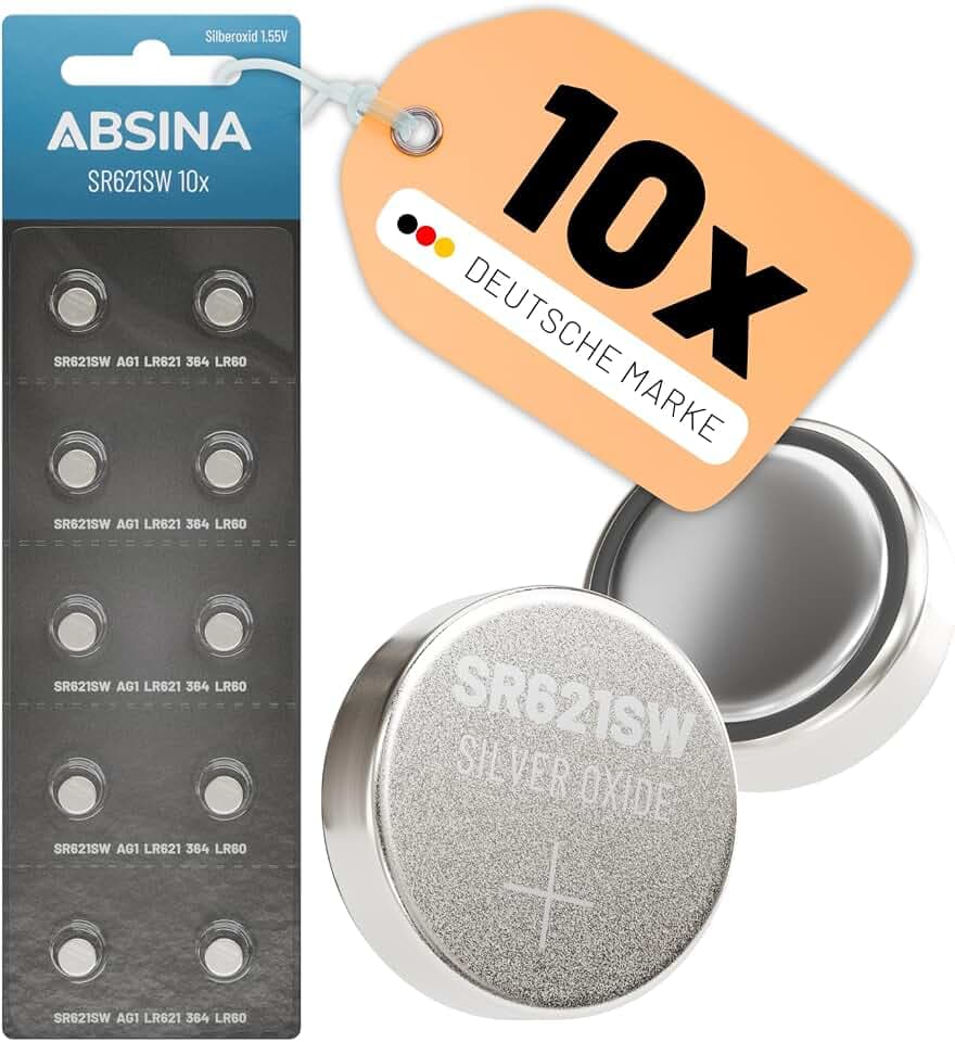 ABSINA 10er Pack SR621SW Uhrenbatterie 1,55V Silberoxid - LR621 364 AG1 | Knopfzelle SR621SW auslaufsicher & lange Haltbarkeit - Batterie SR 621 SW / SR621 / V364 - Uhren Knopfzelle