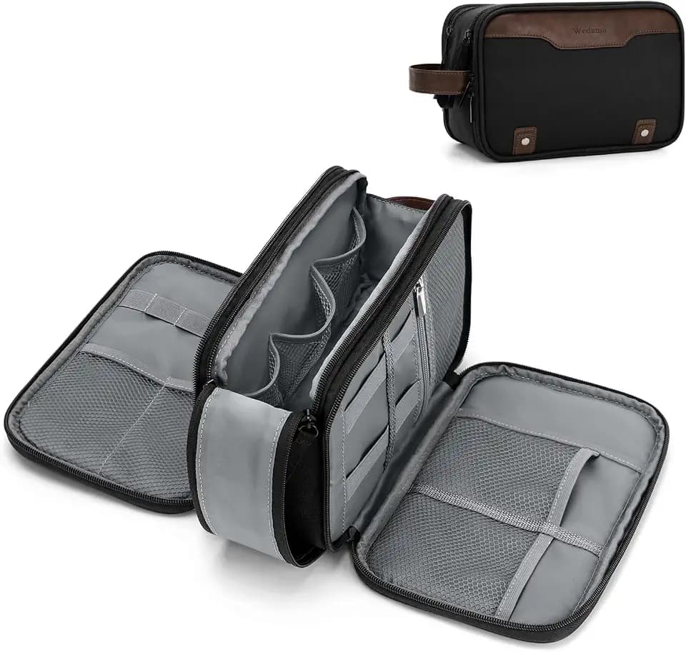 Wedama Toiletry Bag for Men, Medium Hanging Travel Toiletry Bag, Extra Electronic Organizer Bag Waterproof Travel Bag for Toiletries with PU Handle for Travel Business Trips Swim Camping, Black&Brown
