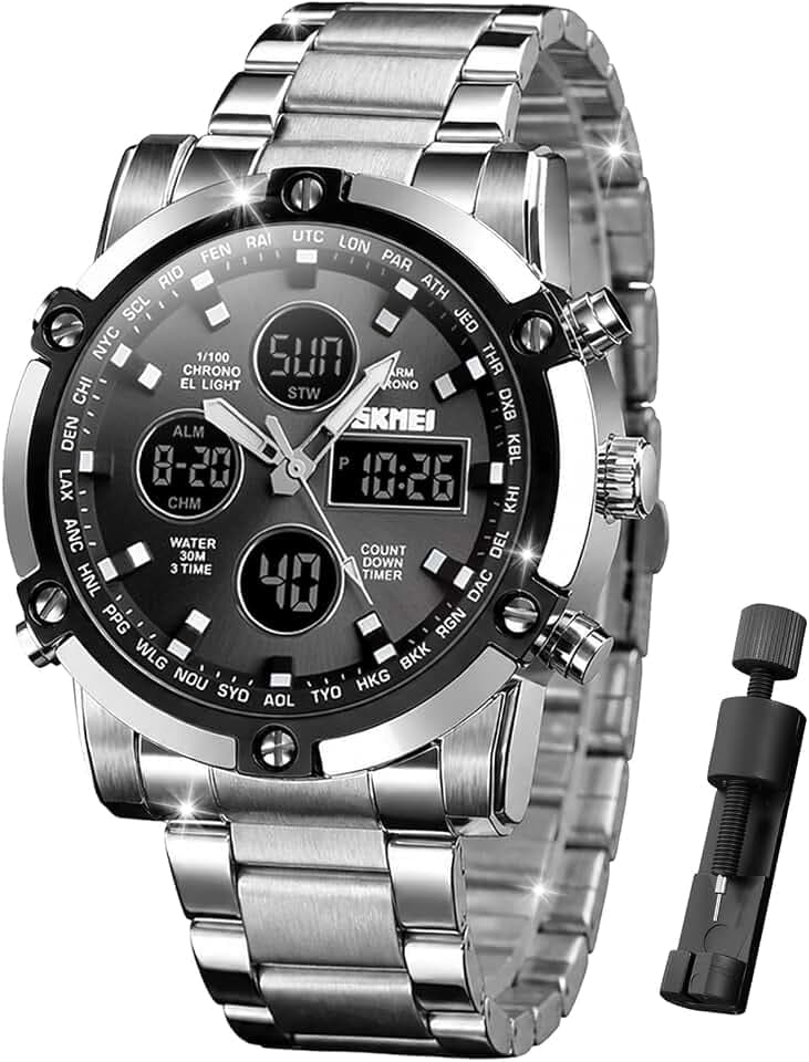 SKMEI Herren-Armbanduhr, wasserdicht, Militär, analog, digital, mit LED, Chronograph, Edelstahl, Business-Uhren für Herren