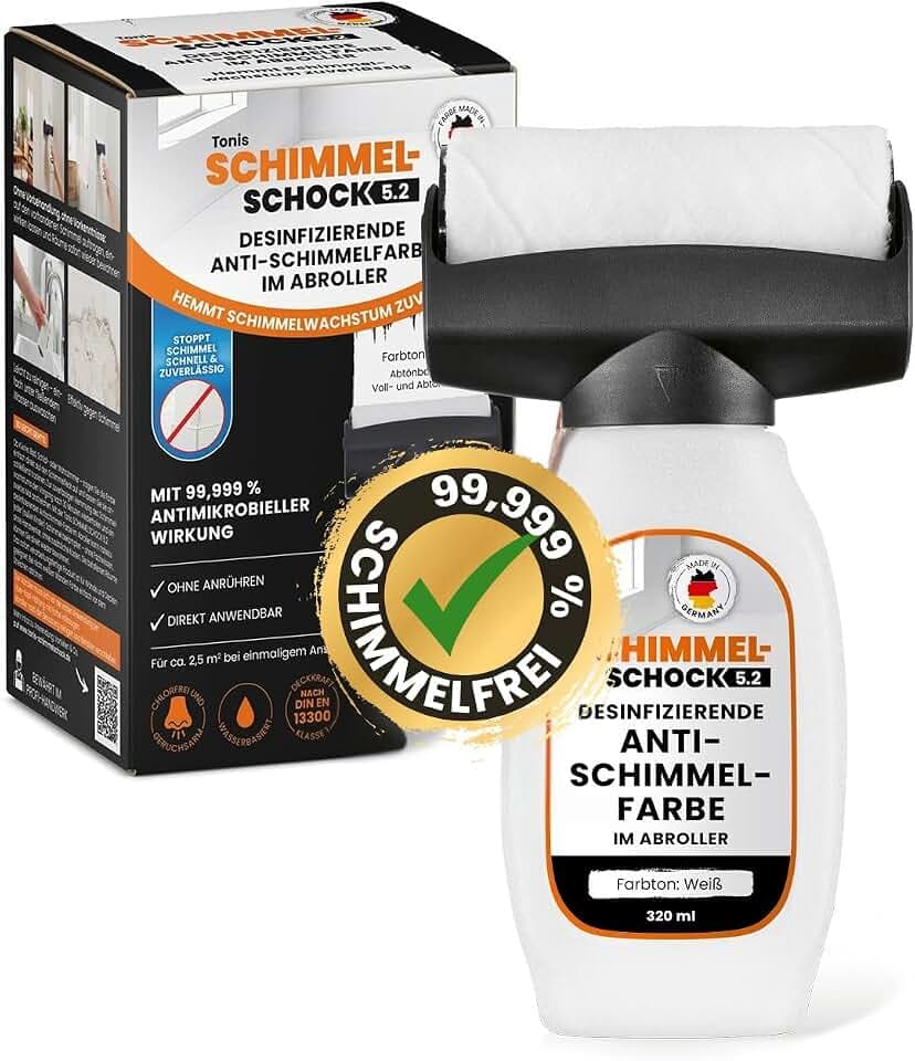 Tonis SCHIMMELSCHOCK Anti-Schimmel-Farbe im Farbroller, 320 ml für 2,5 m² | Chlorfrei, geruchsarm & wasserbasiert: mit 10-cm-Roller präzise auftragen – für Bad, Küche, Schlaf- & Wohnräume