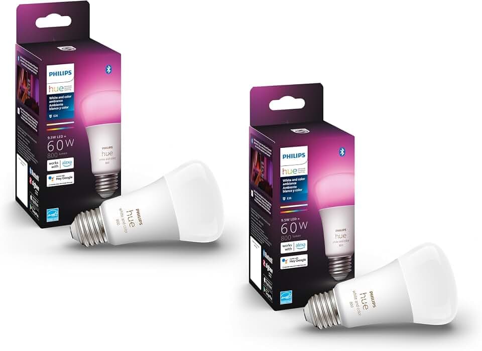 Philips Hue Smart White and Color Ambiance 60W A19 Light Bulb, 2-Pack