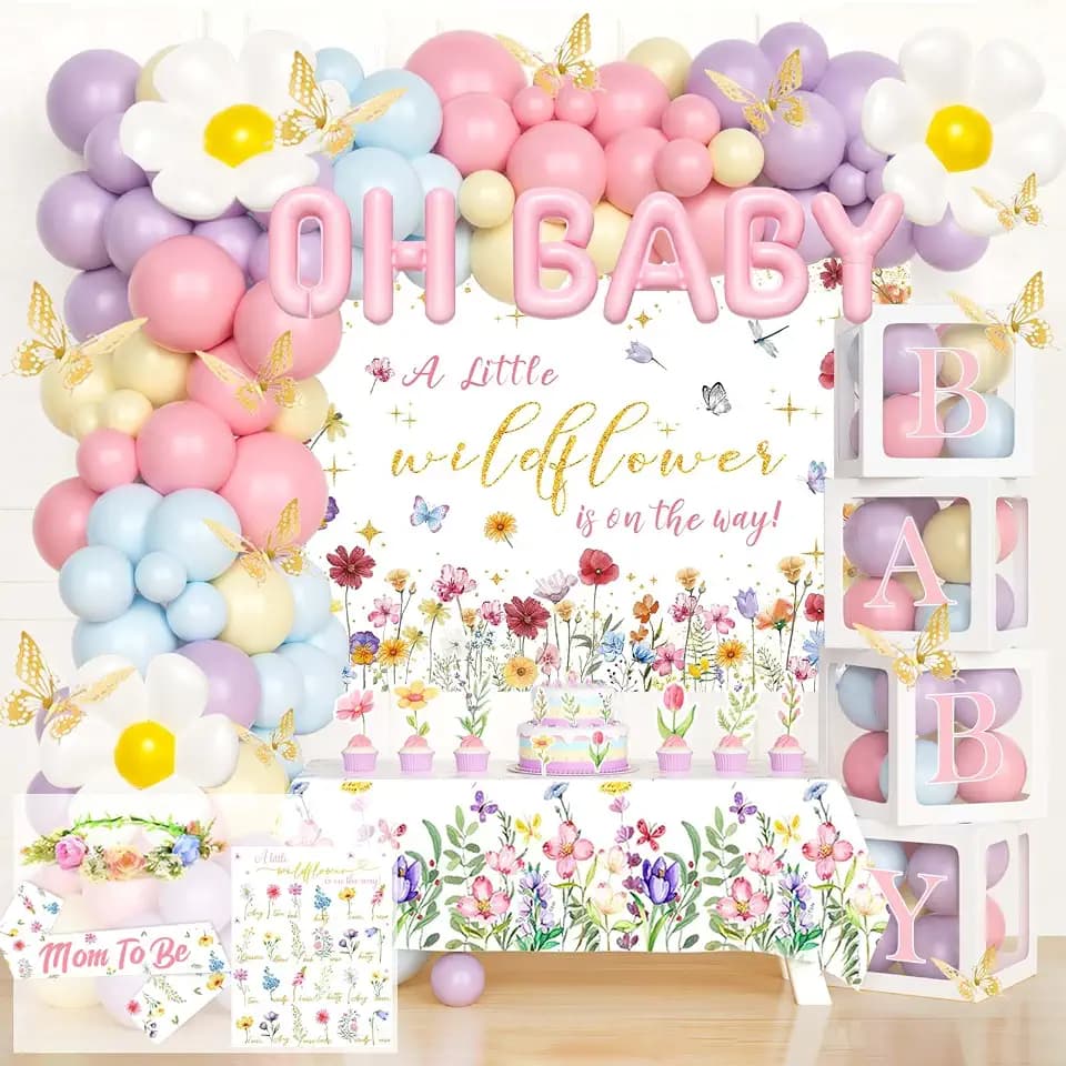 Party Inspo Wildflower Baby Shower Decorations, Baby Shower Decorations for Girl, Wild Floral Baby Shower Decorations, A Little Wildflower is On The Way Baby Shower Backdrop Balloon Cupcake Topper
