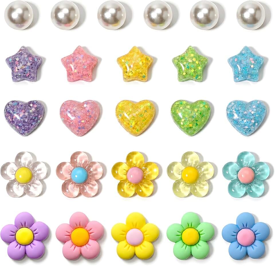 Felvjiaa 26 Pcs Flower Shoe Charms, Heart Star Pearl Clog Charms, DIY Shoe Decoration Accessories for Girls Women,Birthday Party Favor Supplies