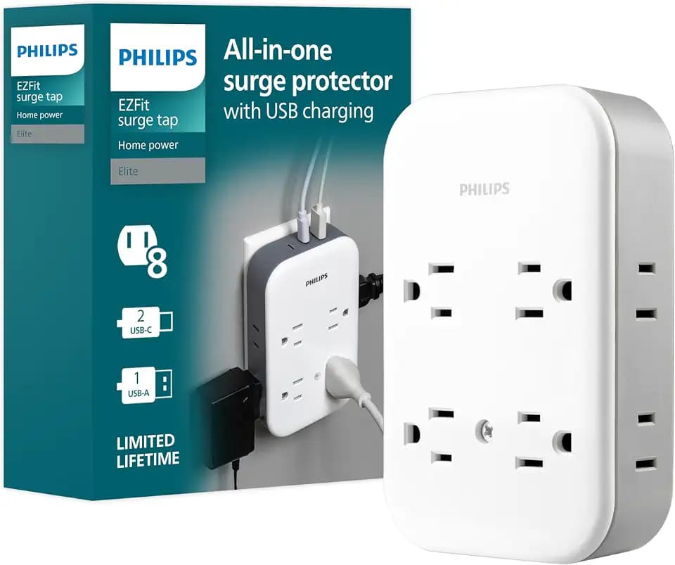 Philips All-in-One Surge Tap with USB, 4 Grounded & 4 Polarized Outlets