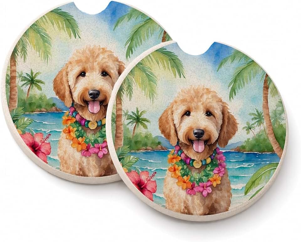 Caroline's Treasures Goldendoodle Luau Set of 2 Cup Holder Car Coasters Absorbent Round Sandstone Coasters Gifts for Men or Women, 2.5, Multicolor