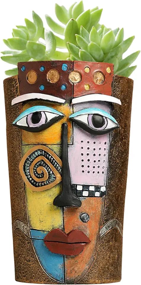 Picasso Abstract Face Flower Pot,Plant Pot with Facial Expressions,Handmade Resin Plant Pot with Drainage Holes,for Indoor and Outdoor Botanical Home décor (Brown Large)