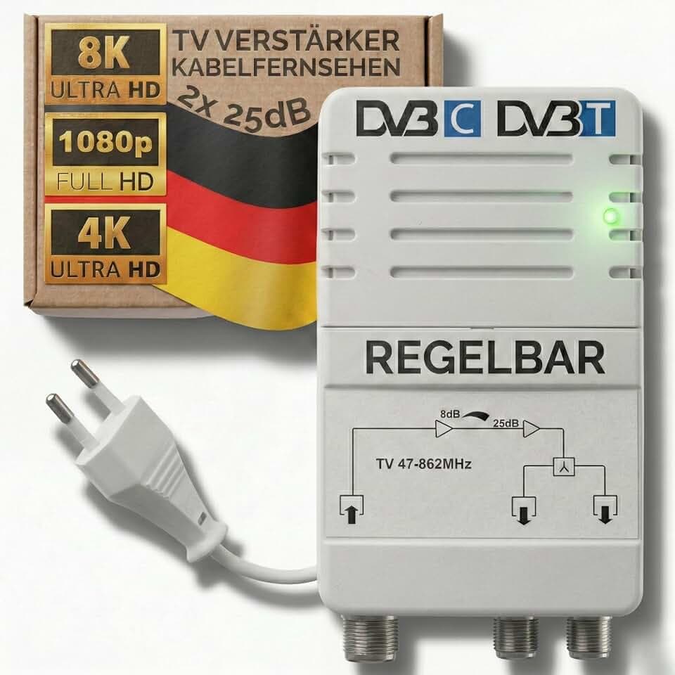 TronicXL TV Verstärker für Kabelfernsehen für HD 3D 4K 8K passend für PYUR Vodafone (25dB - 2 Geräte)