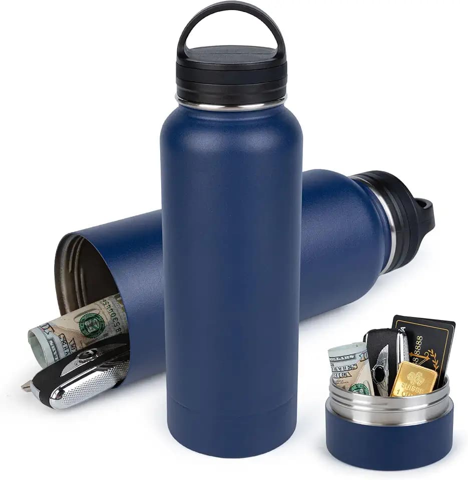 BarGifts 24oz Hidden Safe Water Bottle, Stainless Steel Secret Water Bottle with Hidden Compartment, Bottle Keeps Your Valuables Safe Like Money, Keys, and Jewelry- Blue