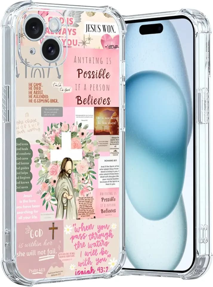 Pink Cool Christian Phone Case Fit for iPhone 15 Plus — Wireless Charging Shockproof Clear Jesus Holy Bible Verses Phone Cover Gift for Boy Girl Men Women