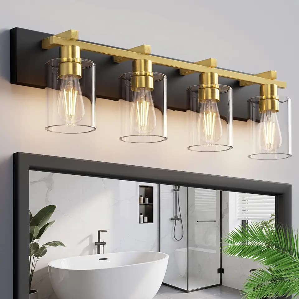 4-Light 30inch Black and Gold Vanity Light, Thickened Clear Glass