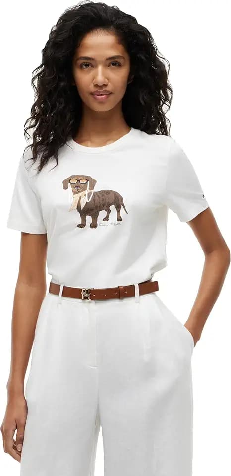 Tommy Hilfiger Women's Short Sleeve Cotton Graphic Crew Neck T-Shirts with Printed Dog Graphic Dog Mom Shirt