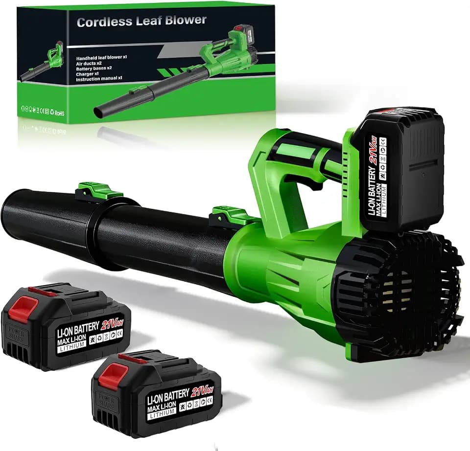 21V Cordless Leaf Blower with 2 Pack 6.0Ah Batteries, Black Green