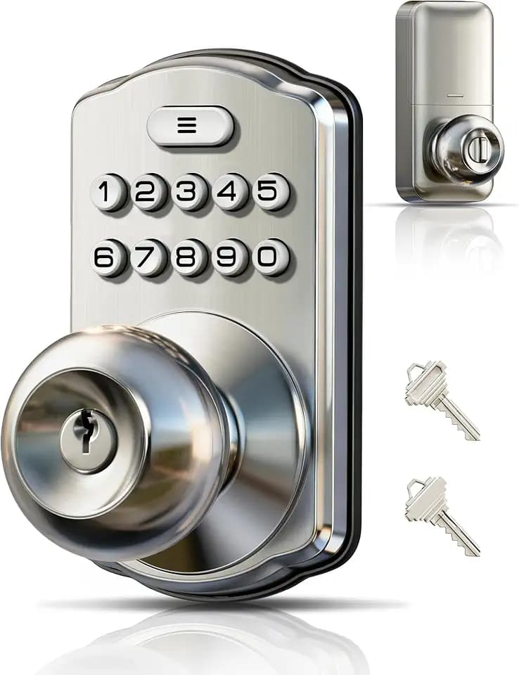 Veise KS03 Keypad Door Knob, Keyless Entry Lock with Handle, Satin Nickel