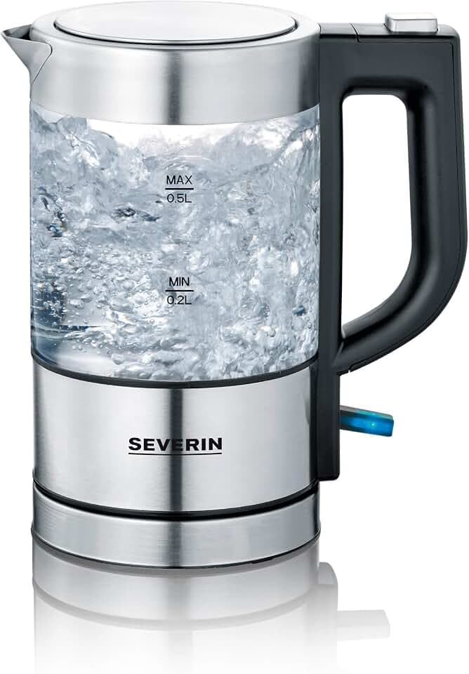 SEVERIN Mini Glas Wasserkocher 0,5 L, leistungsstark und kompakt in hochwertigem Design, elektrischer Wasserkocher mit Kalkfilter, Edelstahl/schwarz, WK 3472
