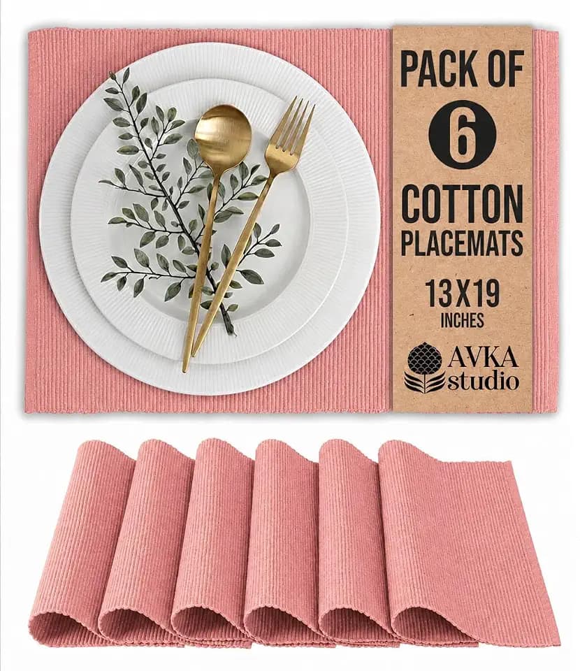 100% Cotton Ribbed Placemats - Set of 6-13 x 19 Inches - Peach - Everyday/Thanksgiving/Fall Cloth Table Mats - Thick Construction, Washable & Reusable Cloth Place Mats - by AVKA Studio