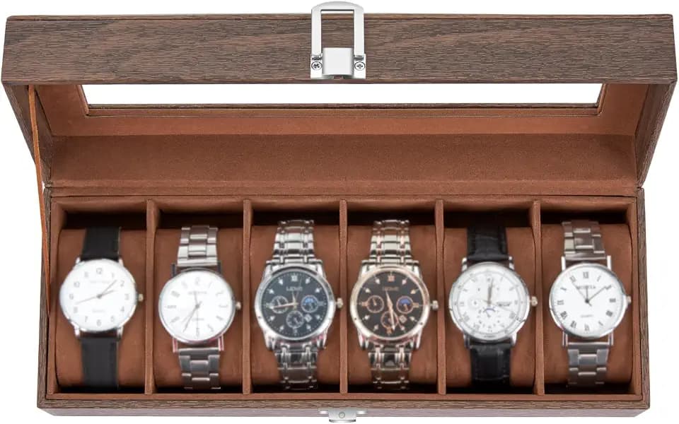 Ohuhu Uhrenbox mit 6 Fächern, Watch Box mit Glasdeckel & PU-Bezug