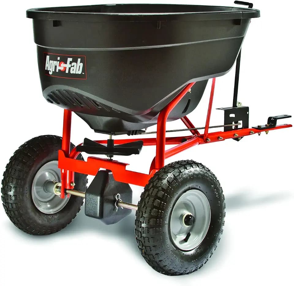 Agri-Fab Pull Behind Broadcast Spreader for Seed, Fertilizer, Salt and Ice Melt, 130 lb Hopper Capacity with Universal Hitch and 12 Ft Spread Width