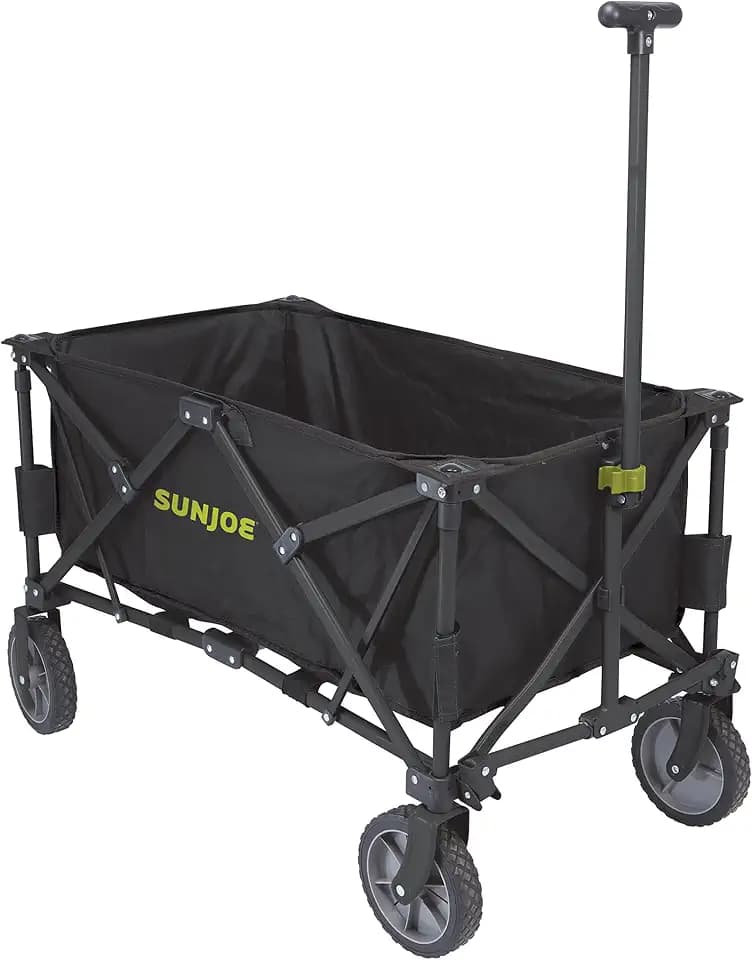 Sun Joe SJ-HDFC1 Heavy-Duty Metal Framed Garden Utility Wagon, w/Swivel Front Wheels & Adjustable Handle, Collapsible Design for Easy Storage and Portability, 150 Lbs Load Capacity, Black
