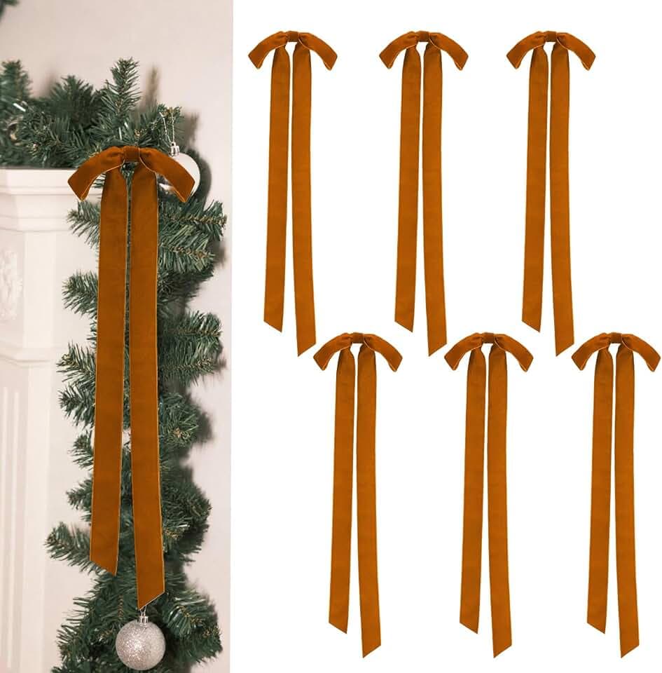 Biggun 9x24in Large Velvet Bows for Christmas Tree Decorations - 6 Pcs Velvet Ornaments with Tie for Christmas Wreath Garland Fireplace Decor, Brown