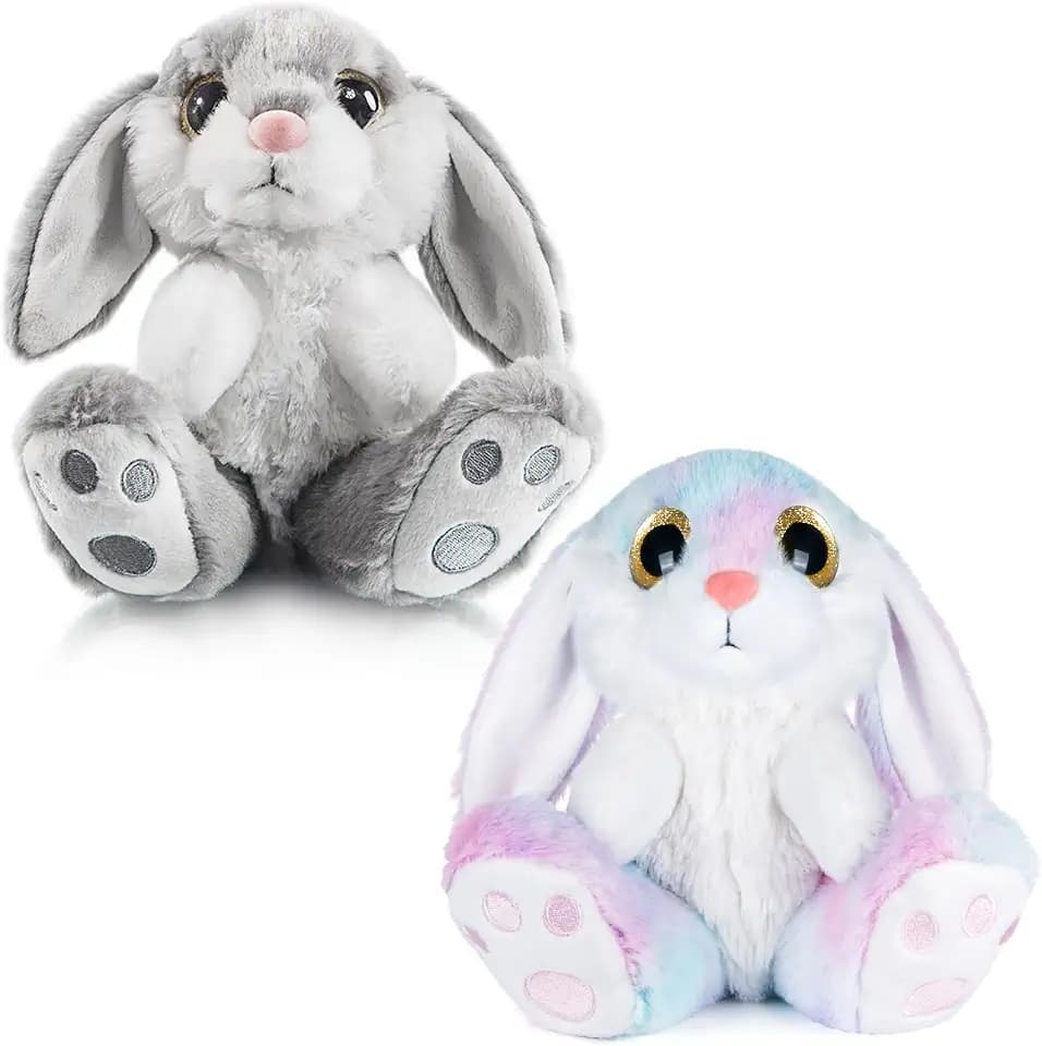 2 Pack Bunny Rabbit Stuffed Animals 7 Inch Small Soft Bunny, Gray & Rainbow