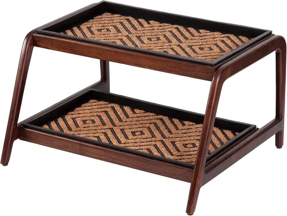 Anji Mountain Heavy Duty Waterproof Wooden Shoe Storage Mat Organizer/Boot Storage Tray Multi Use for Entryway with Coir, Tan and Black Diamond Insert, 2 Tier, Fits 4 Pair (26.5" Wide)