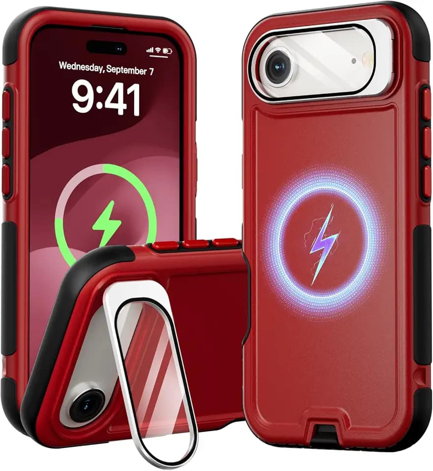 Follaroma Magnetic for iPhone 17 Air Case with Camera Cover Stand, Red,6.5"
