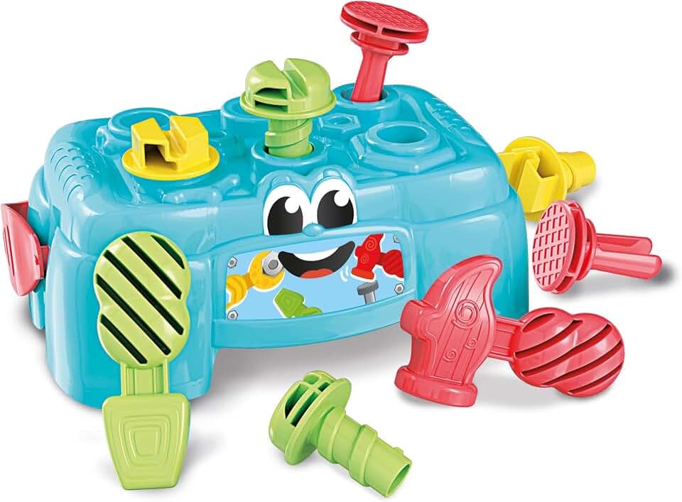 Clementoni Baby Werkbank, Motorik-Spielzeug aus 100% recyceltem Material | zur Entwicklung der Sinne, Werkzeug-Box mit Hammer,Schrauben & Schraubendreher, für Kleinkinder ab 10 Monaten 17042