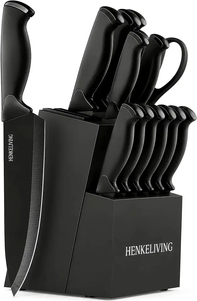 14-Piece Black Kitchen Knife Block Set with Built-In Sharpener