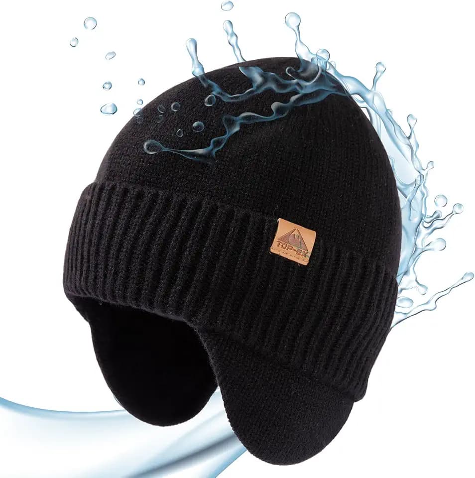 TOP-EX XL/XXL DryKnit Unisex 80% Merinowolle wasserdichte Beanie, warme Wintermütze mit Fleece gefüttert & Ohrenklappe