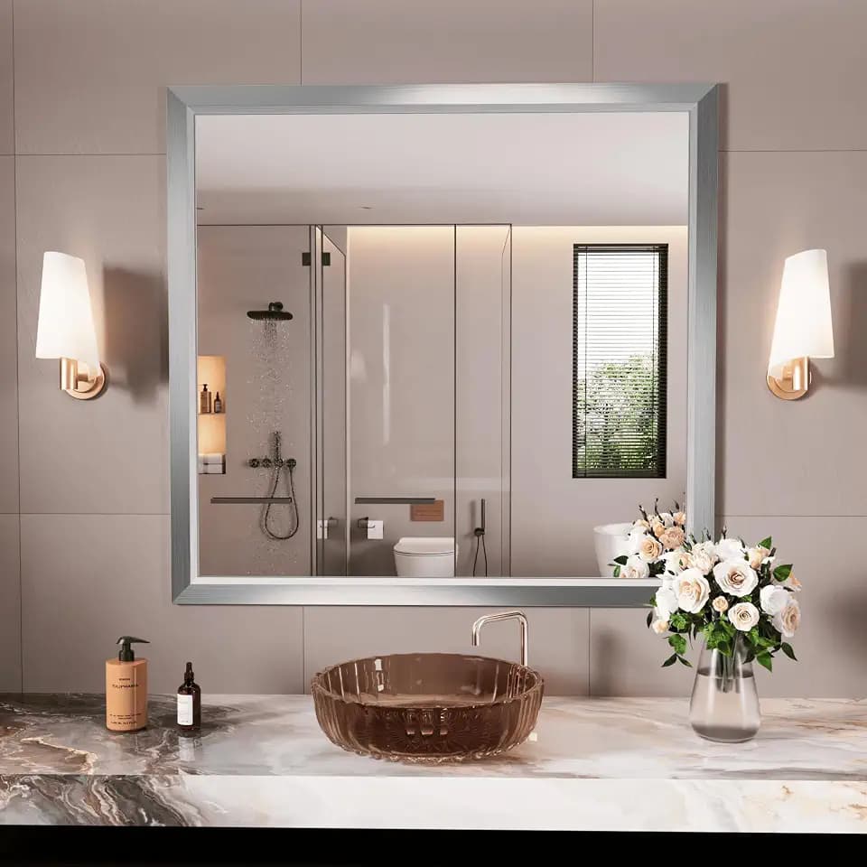 Amorho Bathroom Mirror for Wall 40x38 Inch, Brushed Silver Metal Framed