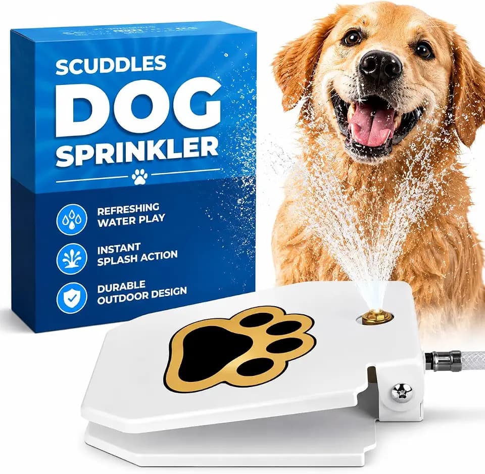 Scuddles Dog Sprinkler, Paw Activated Water Fountain, Outdoor Dog Water Sprinkler with Copper Valve, Easy Step-On Pedal, Perfect For Dogs to Stay Cool and Hydrated, Hose Attachment and Training Guide,