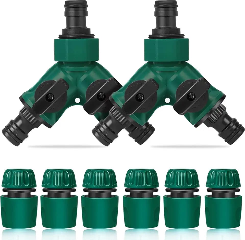 2 Wege Verteiler Wasser, 2 Stück 3/4 Zoll 2 Wege Verteiler Wasser mit Ventil, 6 Stück Schlauchverbinder 1/2 Zoll, Geeignet für Landschaftsbau, Gartenbau, Blumenanbau, Bewässerung
