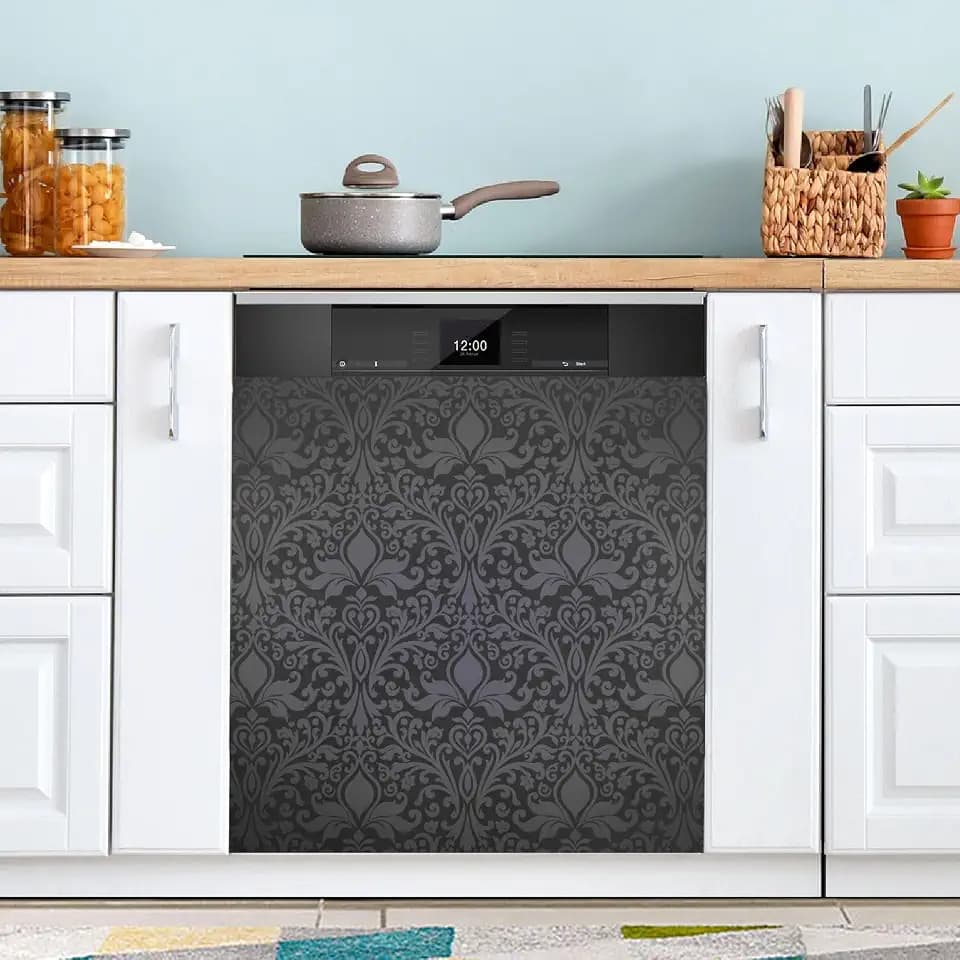 Front Dishwasher Magnet Sticker Cover Decorative Appliances Stickers Damask Black Dark Refrigerator Skins Dishwasher Panel Decals