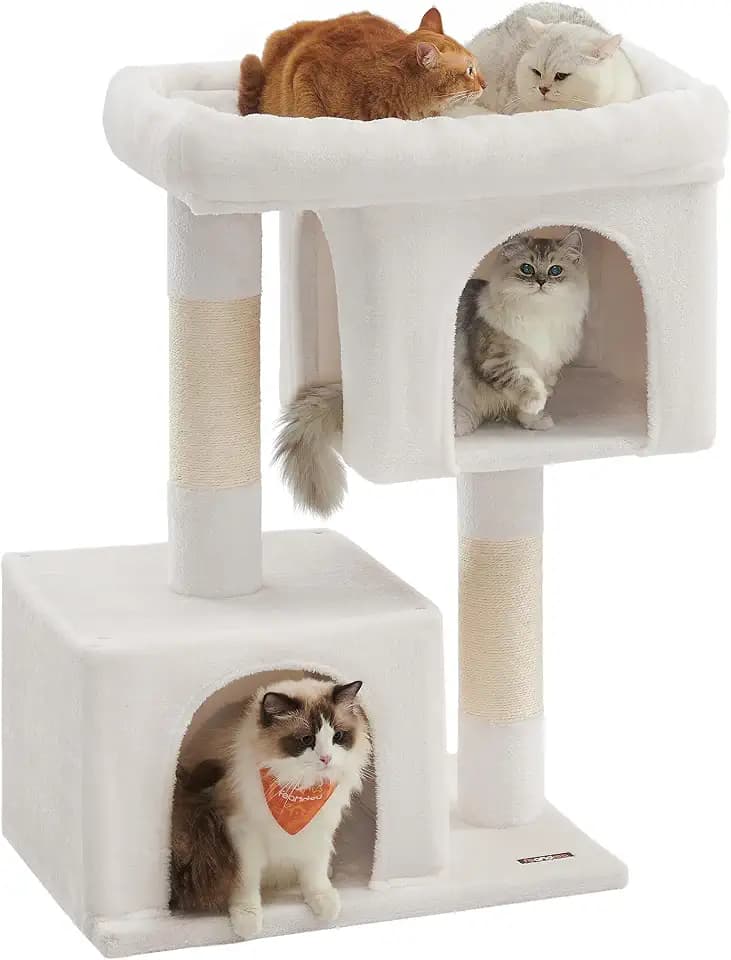 Feandrea Cat Tree, 40.6-Inch Tall Cat Tower, Cute Plush Condo, Cream White