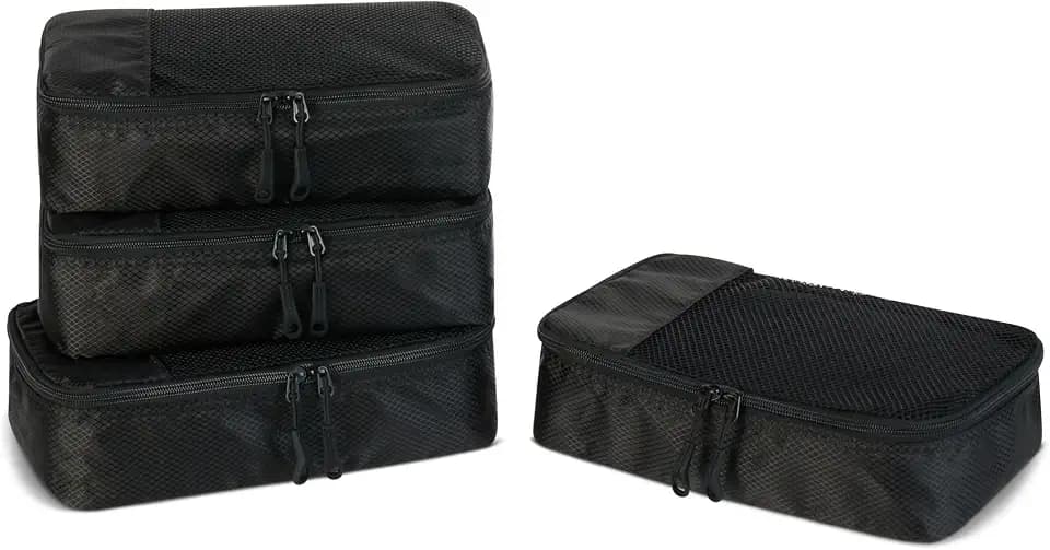 Amazon Essentials 4-teiliges Packwürfel-Reisezubehörset, Gepäckorganizer mit Doppelreißverschluss, Netzoberseite, Polyester, klein, schwarz (früher Amazon Basics)