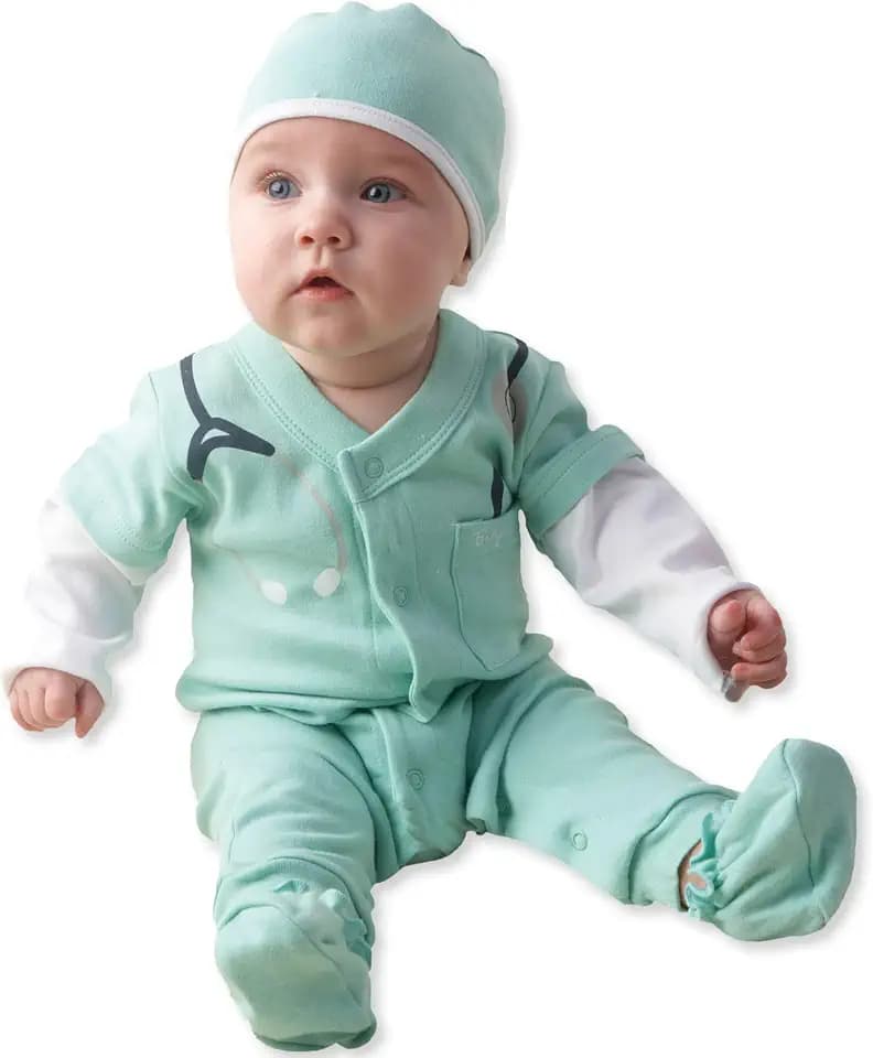 Newborn Doctor Costume Gift Set for Boys – Baby Shower Gifts & Newborn Clothes Outfit – Infant Onesie, Scrubs & Baby MD Doctor Coat – 0-3 Month Sleepers Layette for Halloween or Hospital Outfit