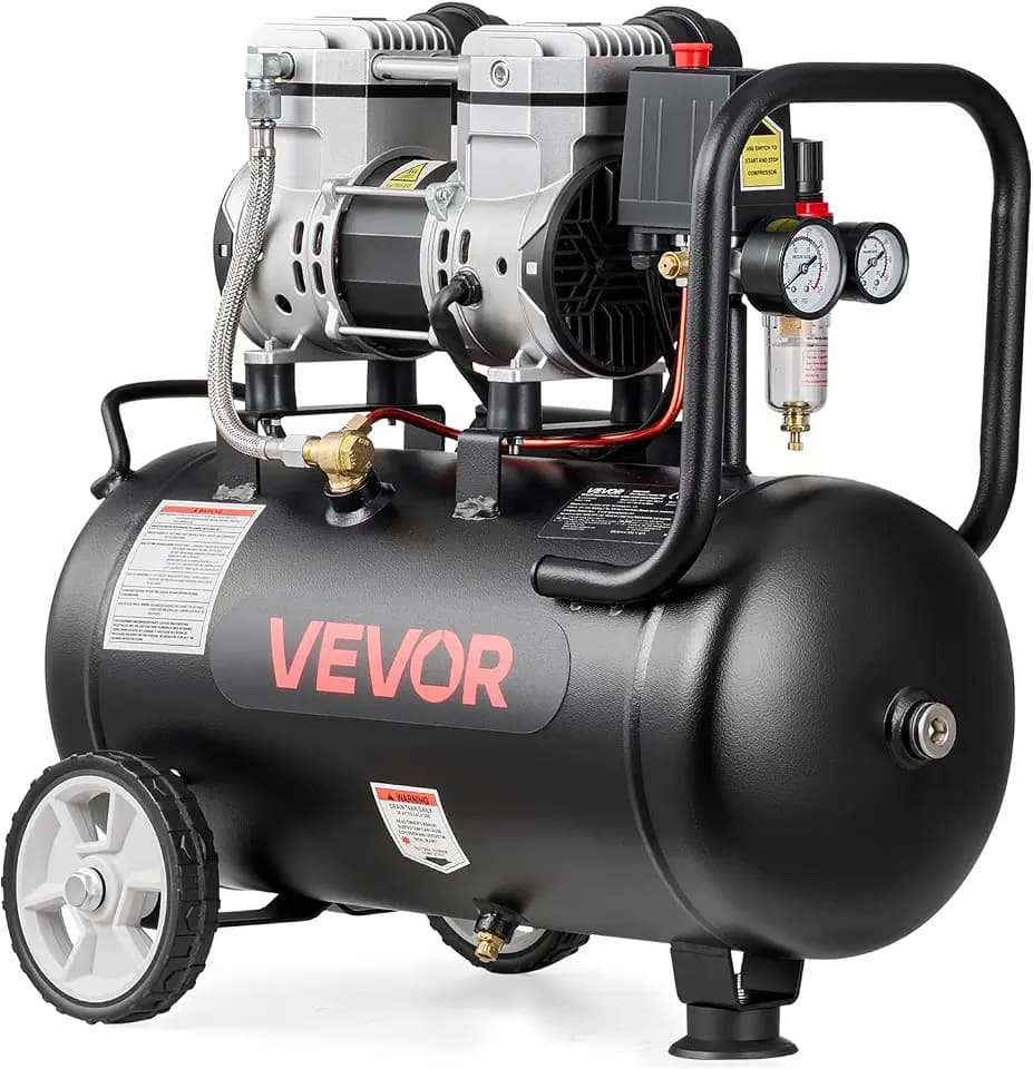 VEVOR 1,1 KW Druckluftkompressor, Ölfreier Kompressor mit 24 L Lufttank, Flüsterkompressor mit 68 L/min bei 6,2 bar & Max. 8 bar, Tragbarer Luftkompressor mit Rädern & Griff für Werkstatt Heimwerker