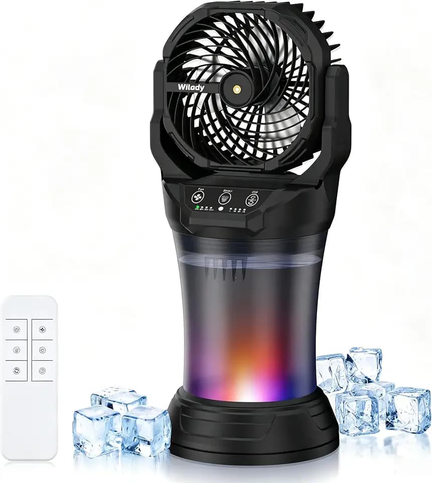 Wilody Misting Fan Portable Camping Fan Battery Powered with Remote Control, RGB Ambient Light with 2L Bucket, Battery Indicator, 120° Auto Oscillating, Timing Function, Grip Handle