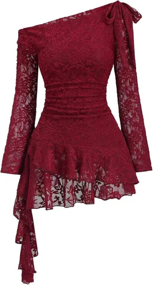 WDIRARA Women's Floral Lace Off The Shoulder Long Sleeve Ruffle Dress