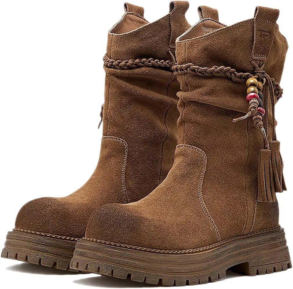 Women'S Suede Braided Fringe Strap Platform Chunky Heel Slouchy Mid-Calf Boots Autumn Winter Pull-On Lug Sole Low Block Heel Wide Width Boots