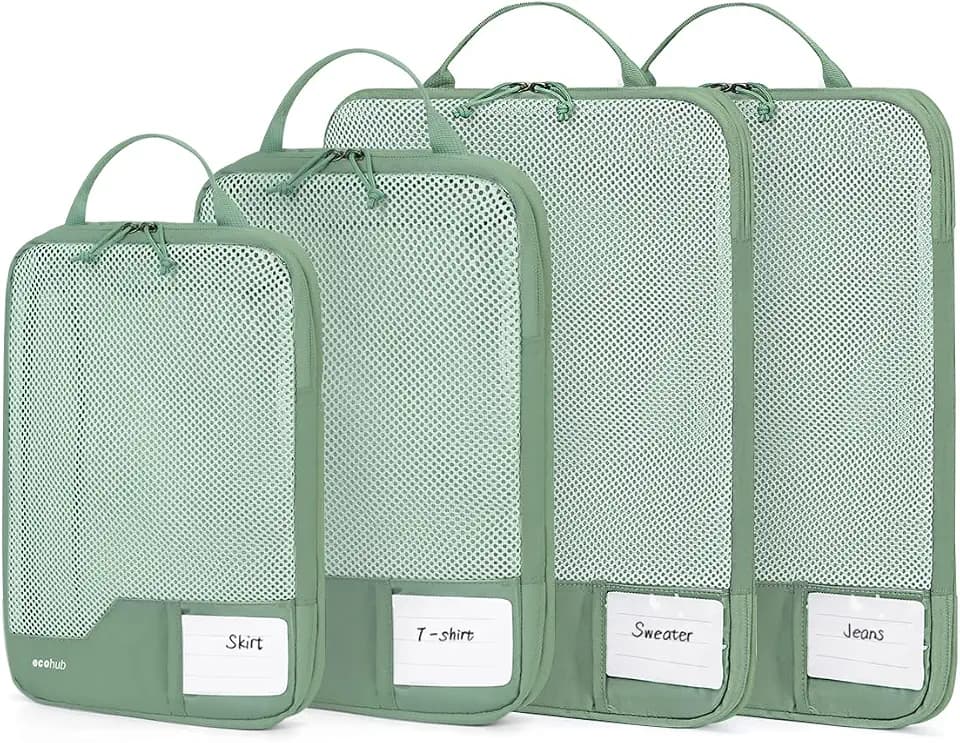 ECOHUB 4-Teilige Kompression Koffer Organizer, Packing Cubes mit Tag, Recycelten Packwürfel Set für Rucksack und Koffer, Maschenverstärkung Packtaschen, Reise Organizer, Patent Anhängig(Grün)