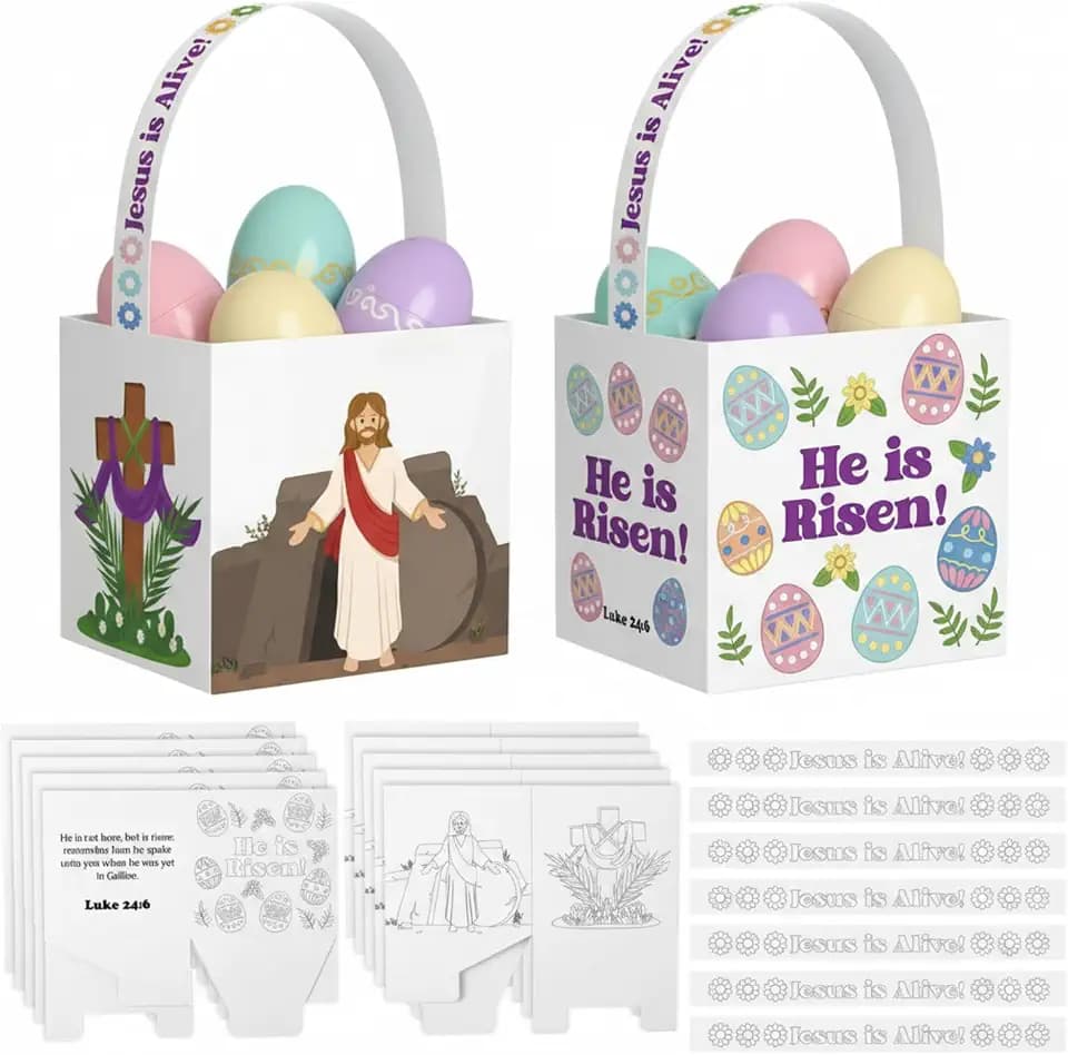 Motipuns 24 Sets Religious Easter Coloring Craft for Kids He is Risen Basket Christian Resurrection DIY Cross Gift Jesus is Alive Easter Eggs Decor for Palm Sunday School Holy Week Classroom Church