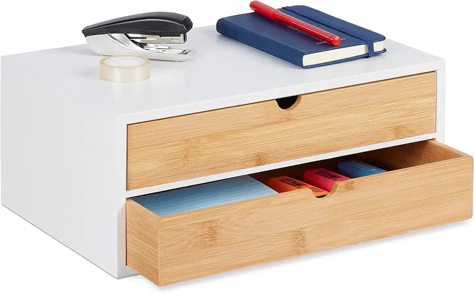 Relaxdays Schubladenbox, Bambus & MDF, Mini Kommode 2 Schubladen, HBT: 14x33x21 cm, Schreibtisch Organizer, weiß/natur