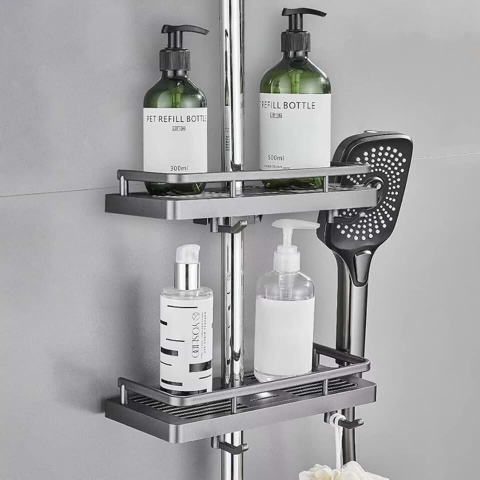 Duschablage für Duschstange Dusche Caddy ohne Bohren Aufhängen Dusche Regale Zubehör Halterungen mit Zwei Haken und Duschkopfhaken Passend für [21mm-25mm] Schiene Kunststoff, 2 Stück Grau