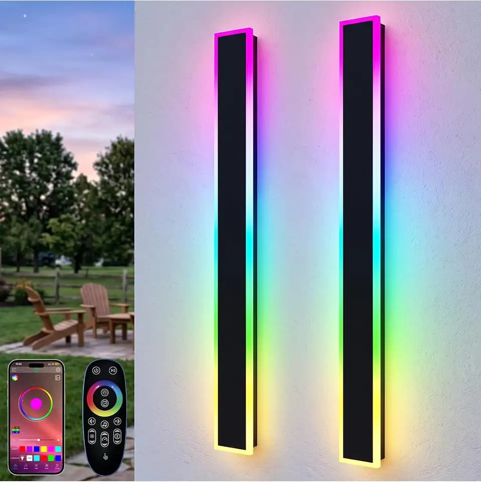 2 Pack 31.5in RGB LED Outdoor Wall Lights, RGB/Warm/White Color Changing,10%-100% Dimmable, IP65 Waterproof Modern Linear Wall Sconce, APP & Remote Control for Porch Garage