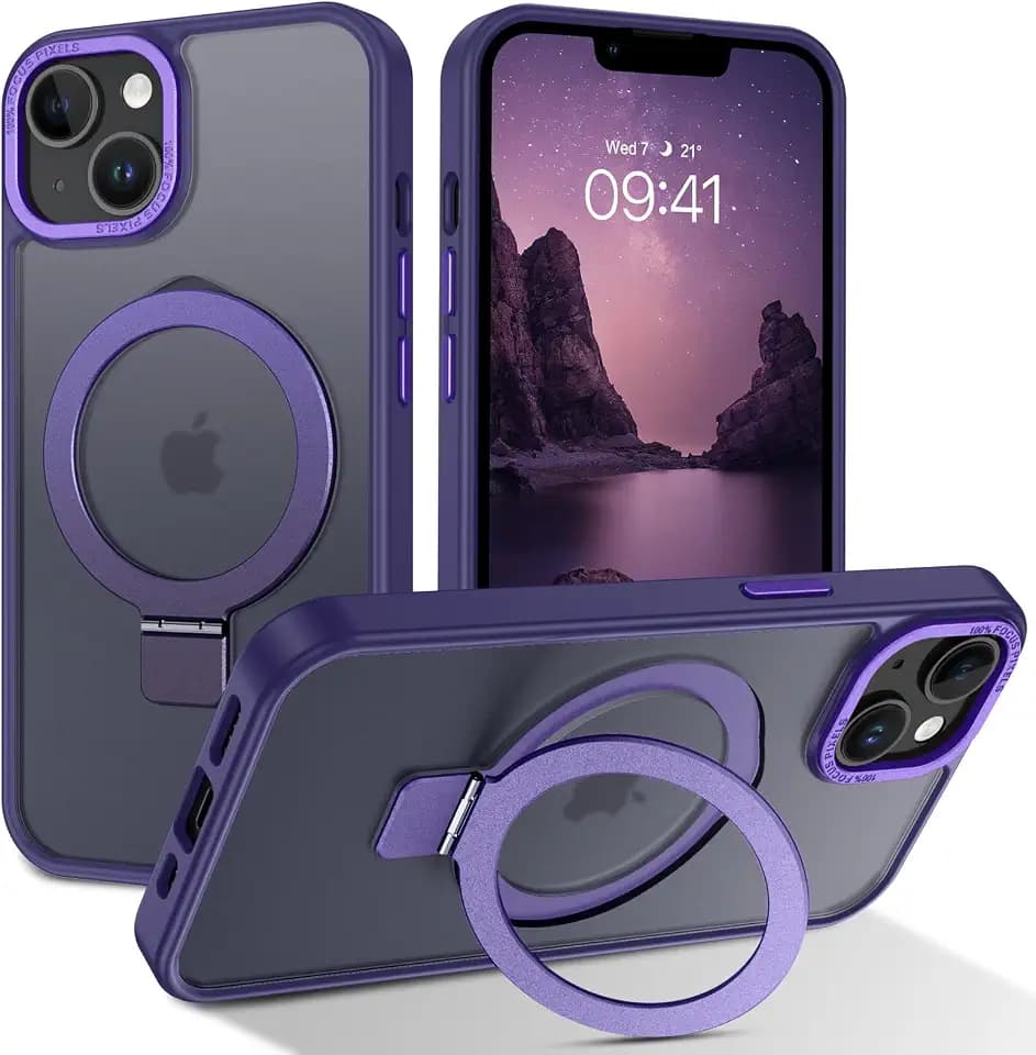Telaso Magnetic for iPhone 13 Mini Case, Compatible with Magsafe with Magnetic Stand Ring Holder, Translucent Matte Back TPU Bumper Military Grade Protective Phone Case for iPhone 13 Mini, Dark Purple
