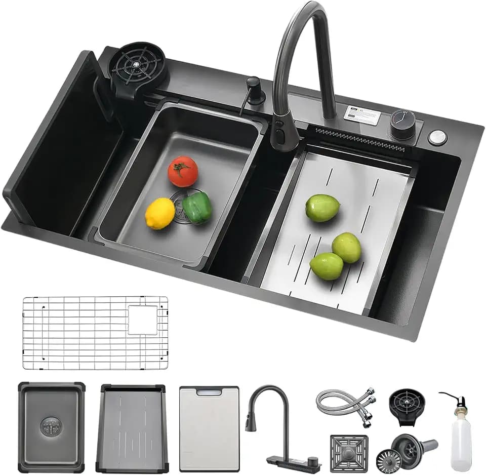 Waterfall Kitchen Sink 32" x 20" Drop-in Single Bowl Sinks, SUS304 Workstation Handmade Undermount Sink With Pull-out Faucet, Cup Washer & Accessories (Dark Gray, 32" x 20")