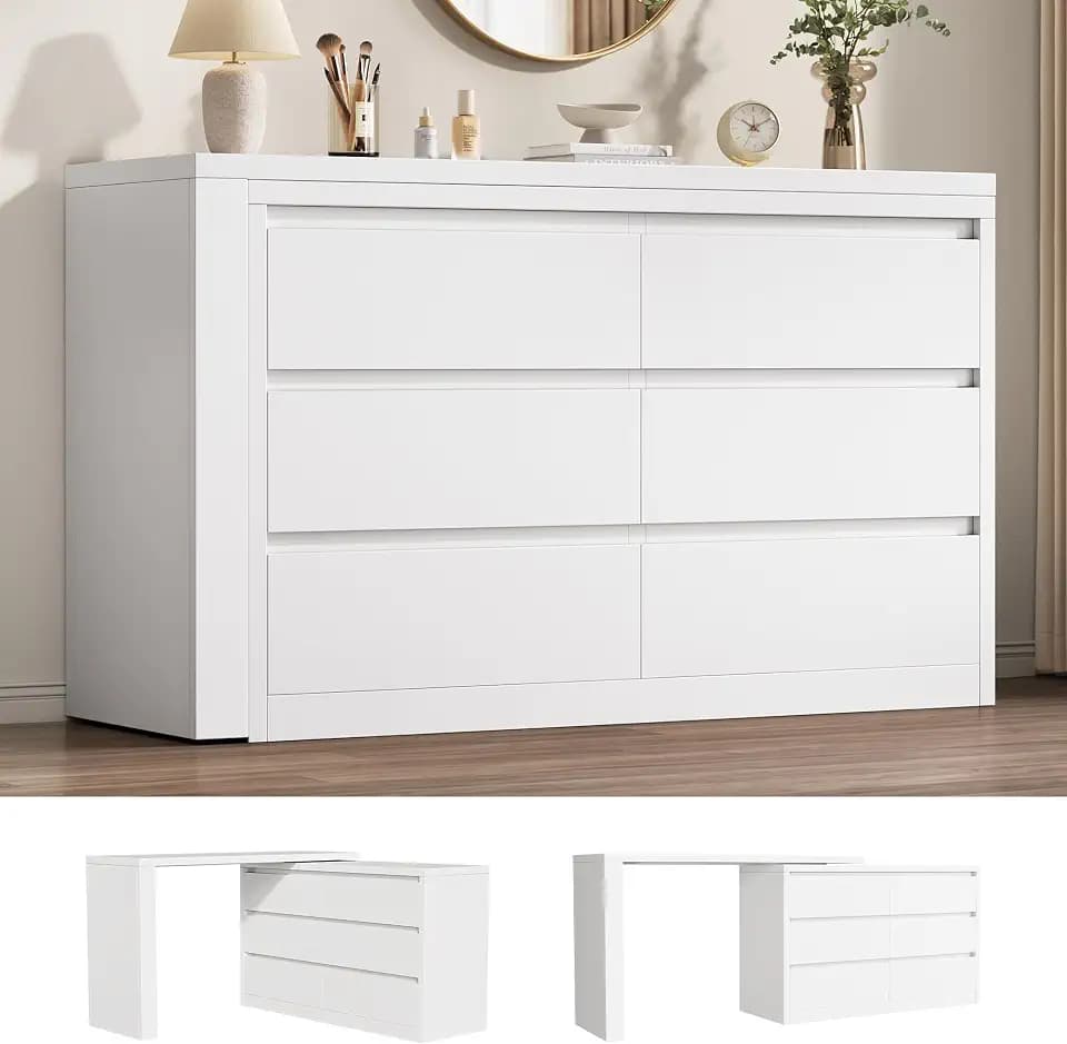 Jocoevol 6 Drawer Double Dresser for Bedroom, L Shaped Modern Simply Chest of Drawers, Wood Storage Corner Dresser with Anti-Tipping for Living Room Entryway Home Office, White