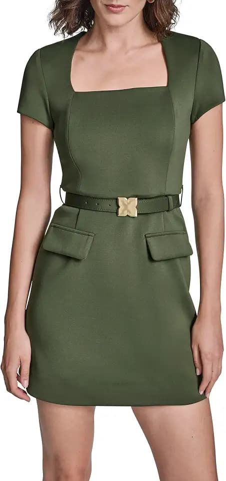 BCBG Women's Cap Sleeve Square Neck Belted A-line Mini Dress